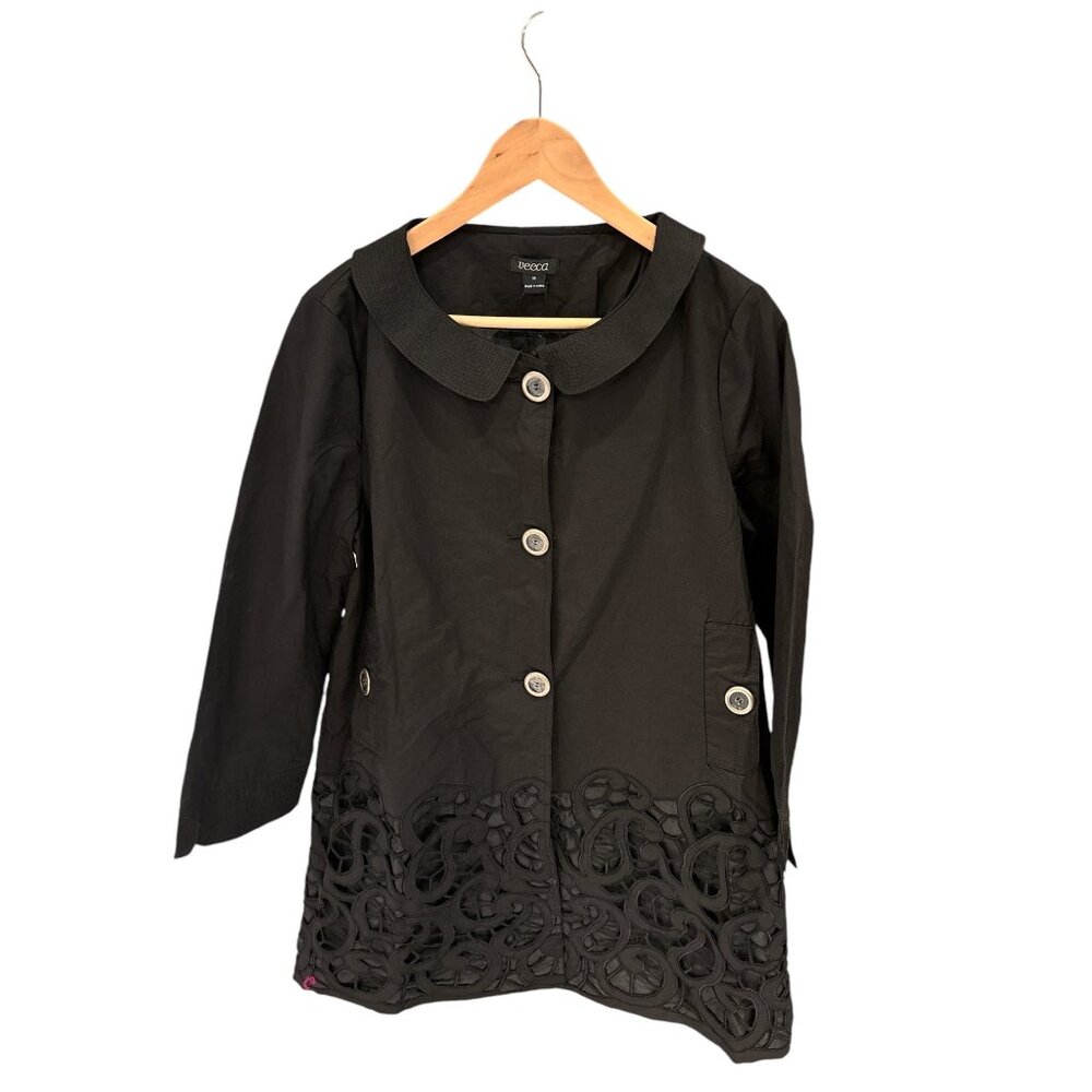 Veeca Womens Black Polyester Coat With Lace Hem & Button Closure